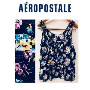 Aeropostale Floral Ruffle Tank Blouse-Sz: L -Blue